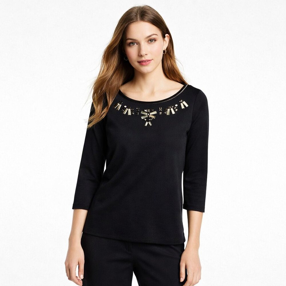 Ann Taylor Black Jeweled Neckline 3/4 Sleeve Blouse Top Workwear Chic Size Small